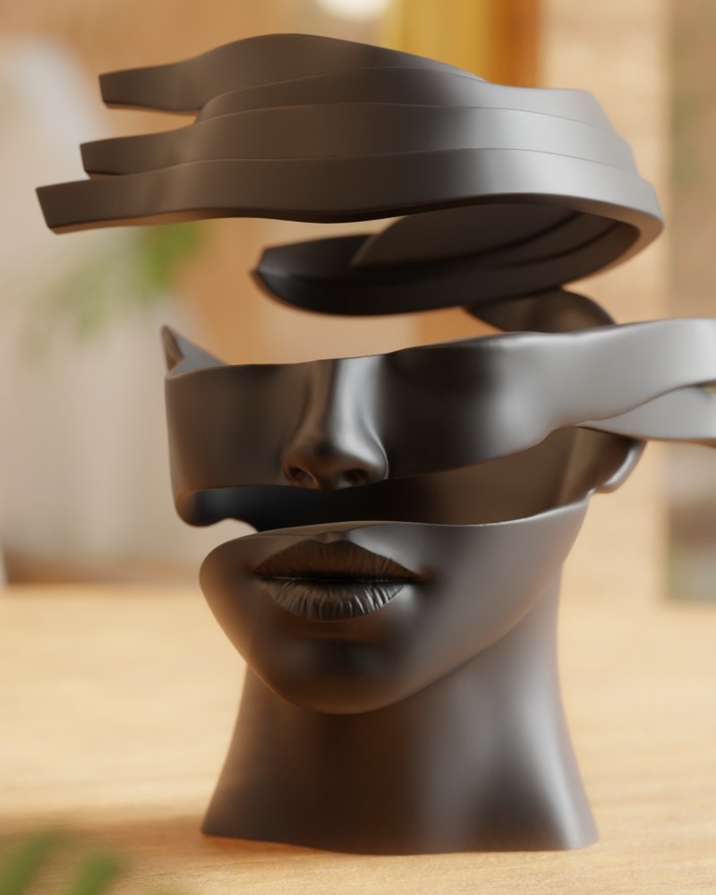 Abstract face sculpture with fragmented ribbon layers on a white background