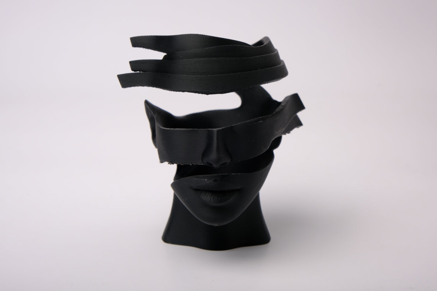 Surreal abstract face sculpture styled on a minimalist shelf with books and plants