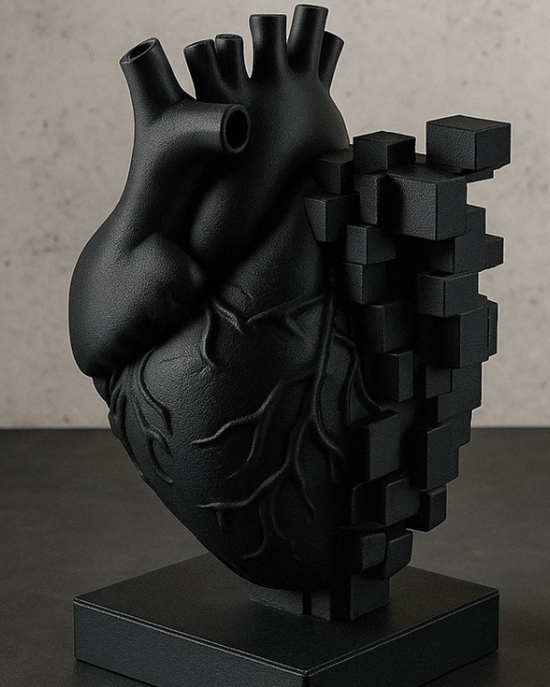 Matte black pixel heart sculpture close-up showing anatomical and cubic geometry side by side