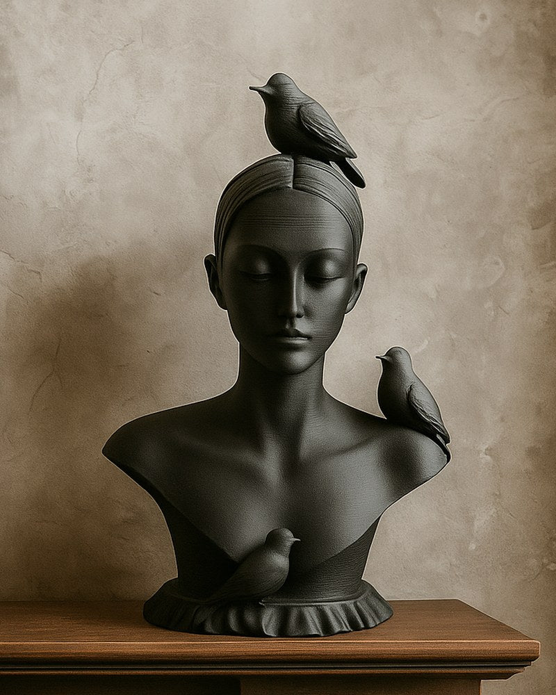 Matte black surreal female bust sculpture with three birds, front view on white background