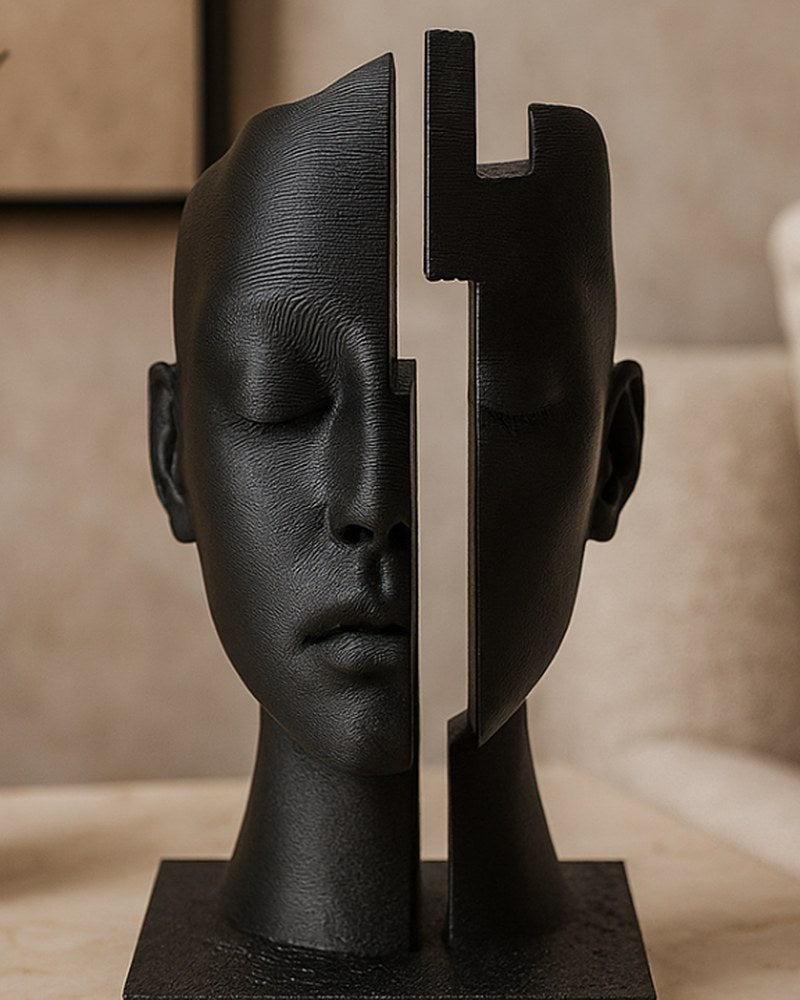 Matte black abstract face sculpture with split centre design, viewed from the front on a white surface