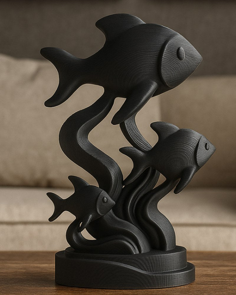 Close-up of decorative fish sculpture showing three fish and seaweed detail in neutral setting