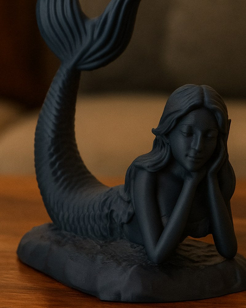 Mermaid sculpture in matte finish, reclining pose with detailed textured tail, front view
