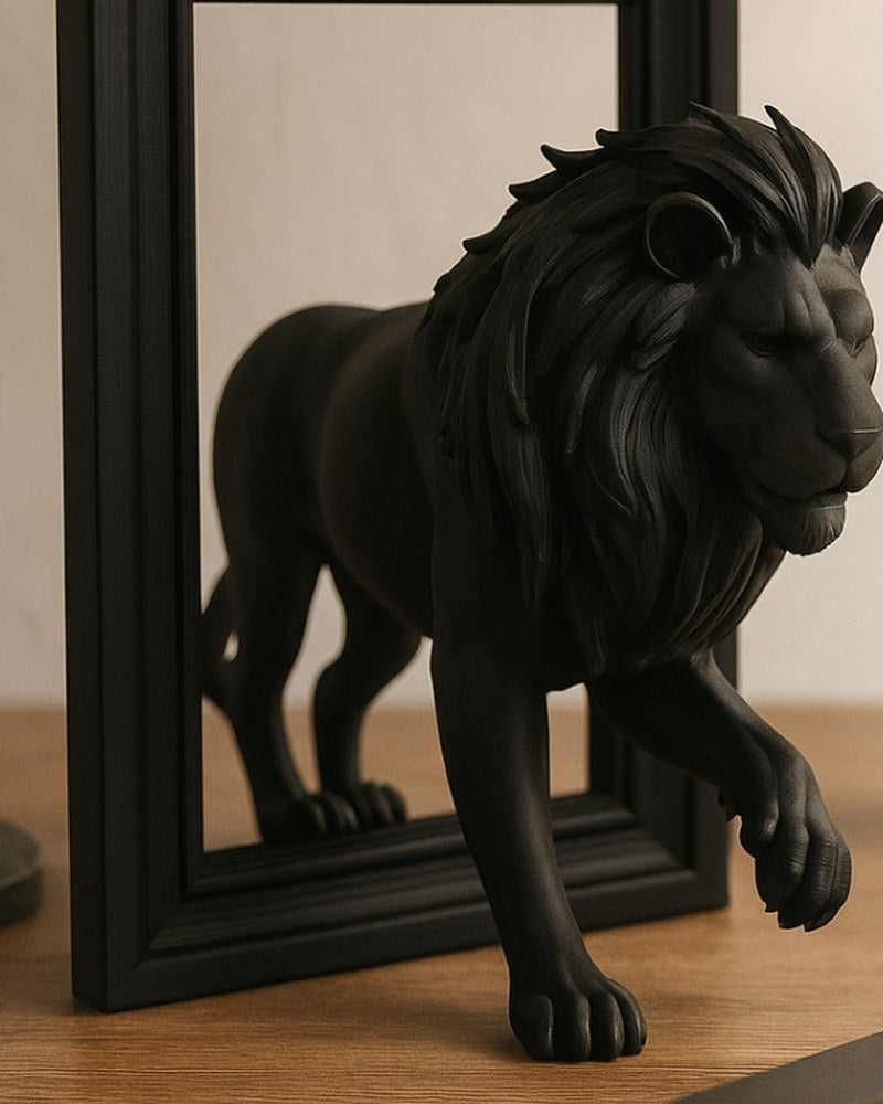 Matte black lion sculpture breaking through a rectangular frame, front view on white background
