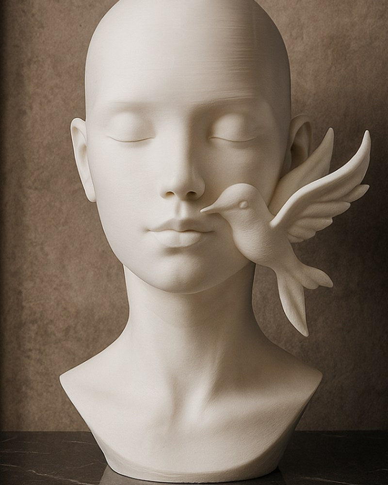 Face sculpture with hummingbird, closed-eyed serene face, matte finish, white background