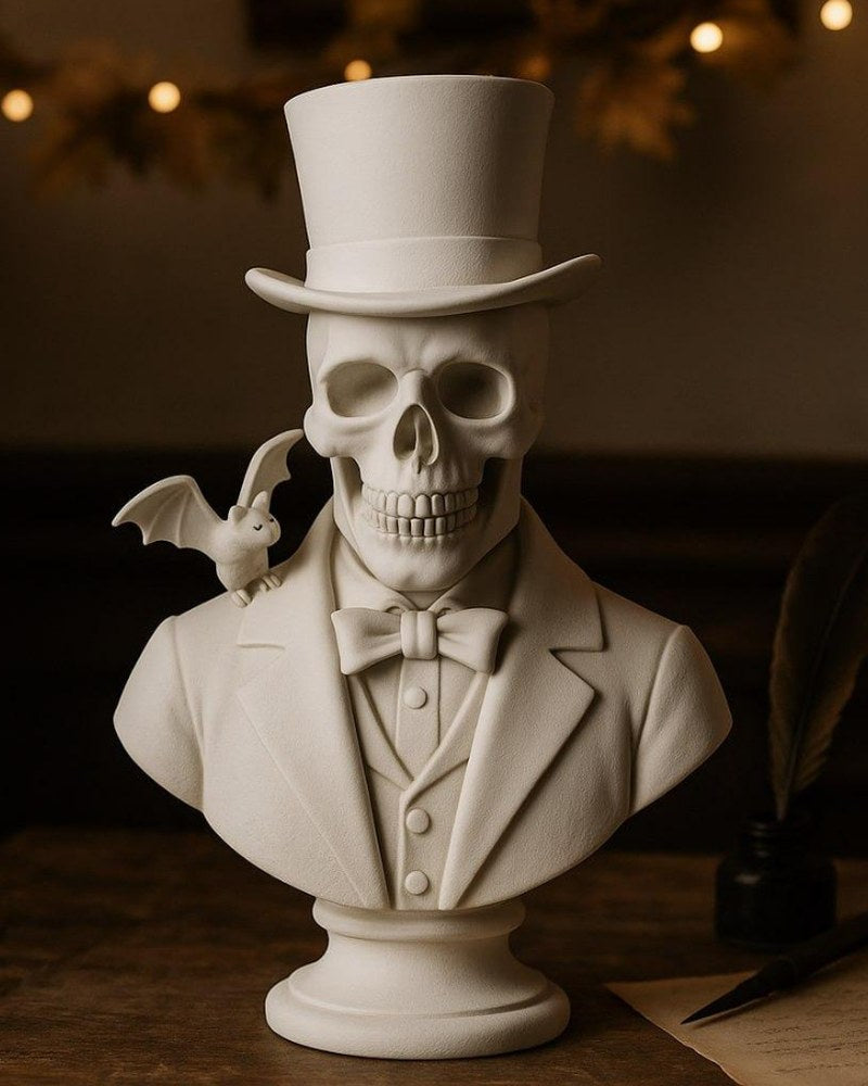 Gentleman skull bust with top hat and bow tie, small bat on shoulder, front view on white background