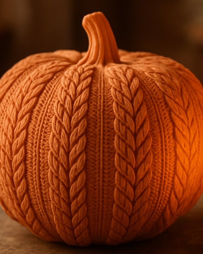 Close-up of a knitted pumpkin decoration showing the ribbed textile-like surface texture in warm orange