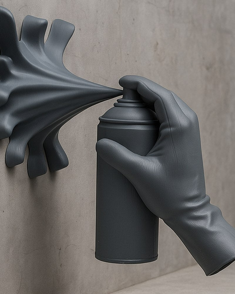 Close-up of spray paint hand sculpture showing hyper-realistic hand gripping a spray can mid-burst