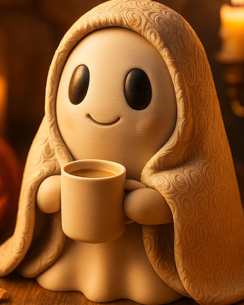 Cozy ghost figurine wrapped in a textured blanket holding a tiny mug, matte finish, front view