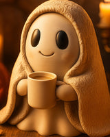 Cozy ghost figurine wrapped in a textured blanket holding a tiny mug, matte finish, front view