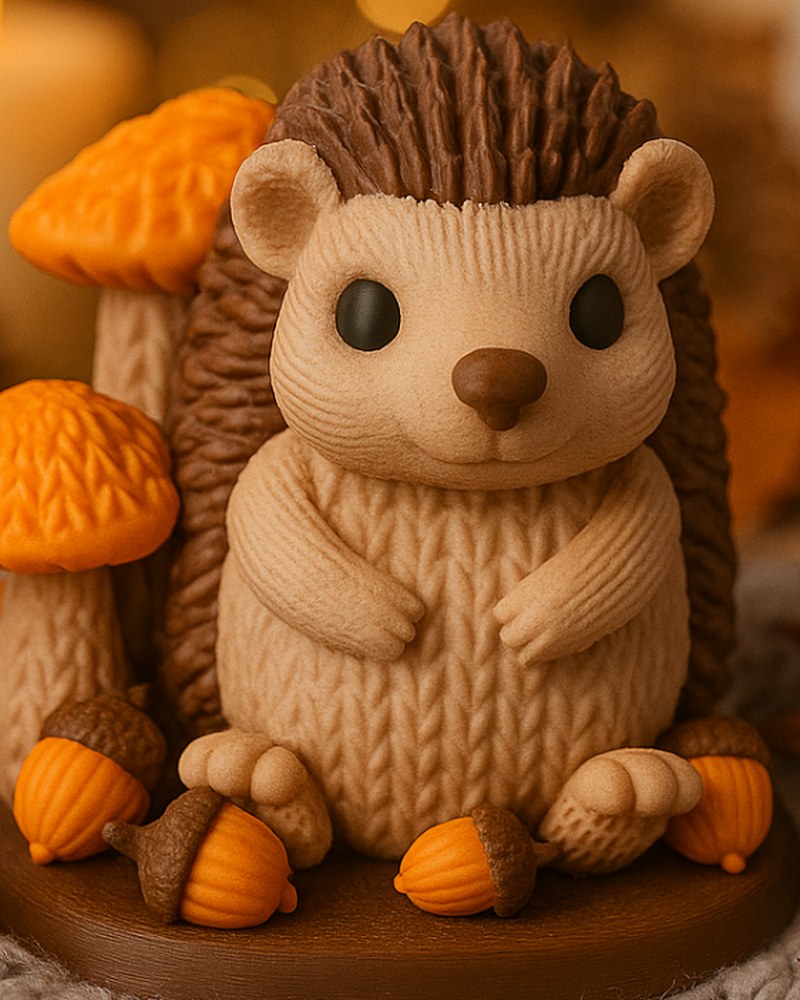 Close-up of woodland hedgehog figurine with knit-stitch texture and forest-green eyes on mushroom base