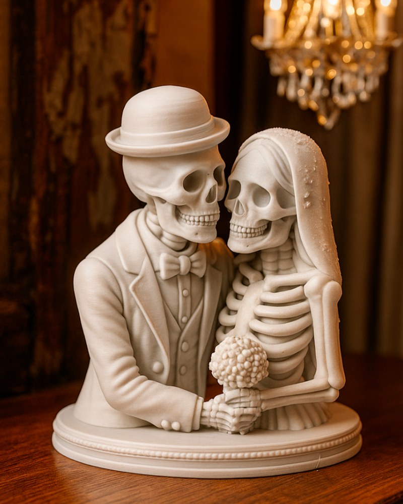 Skeleton bride and groom figurine standing together, groom in bowler hat, bride holding bouquet, white background