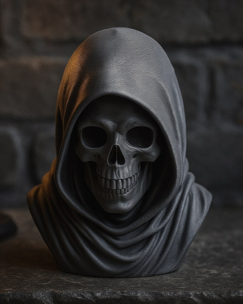 Gothic skull bust with hooded drapery, grinning skull face, matte finish, front view on neutral background
