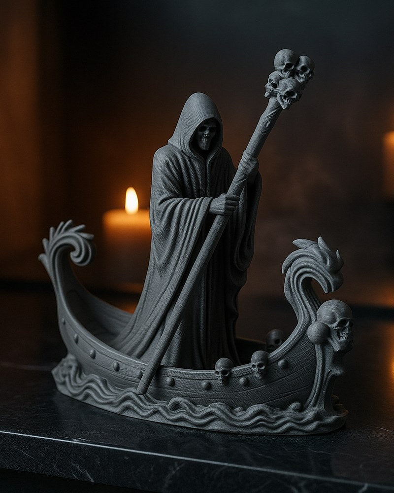 Gothic boat statue of a skeletal ferryman holding a skull staff, front view on white background