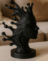 Matte black abstract female bust sculpture with flowing organic forms, front view on white background