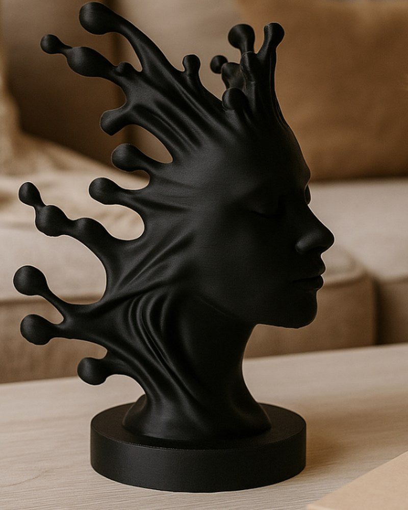 Matte black abstract female bust sculpture with flowing organic forms, front view on white background