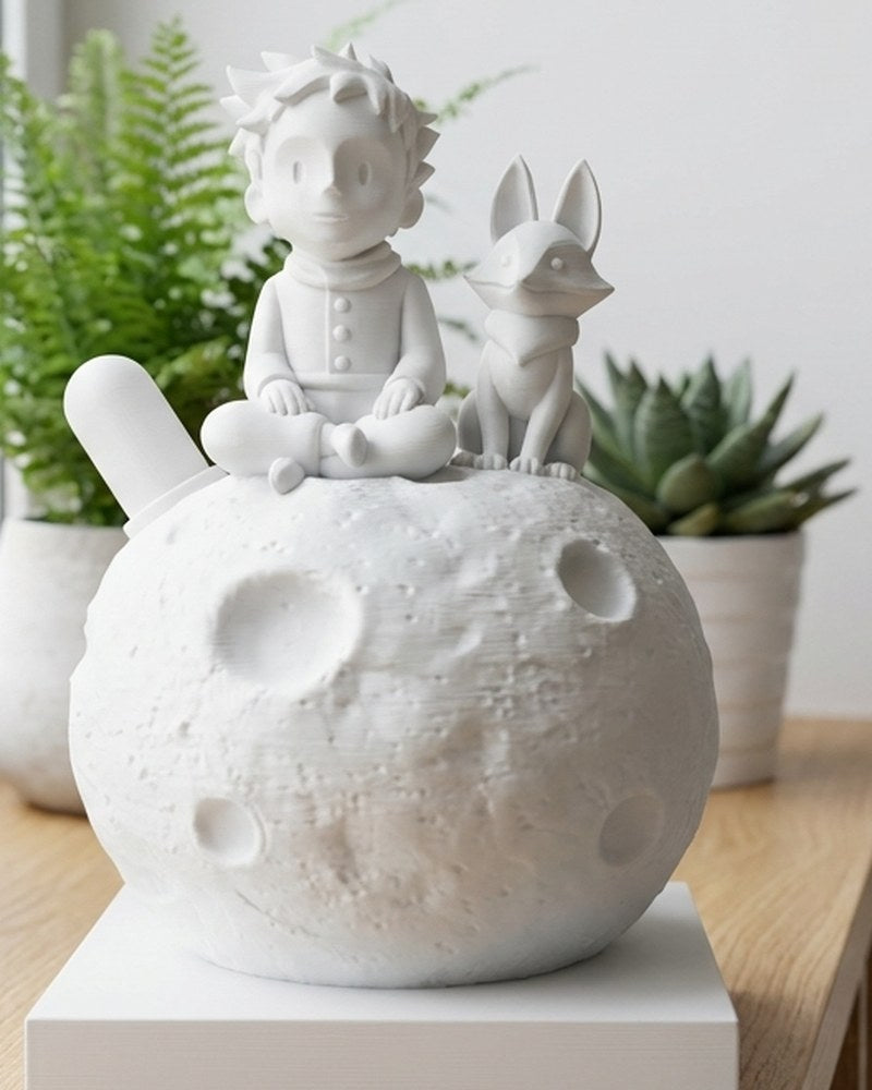 Little prince moon sculpture with fox figurine on a white surface, front view
