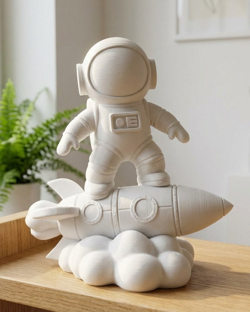 Close-up of astronaut sculpture standing on a rocket with a cloud-shaped base, smooth rounded forms