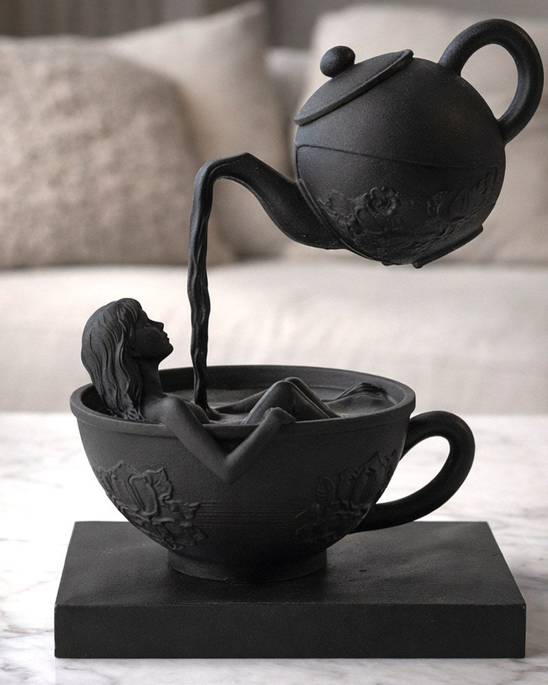 Matte black surreal art sculpture of a woman resting inside a teacup, viewed from the front