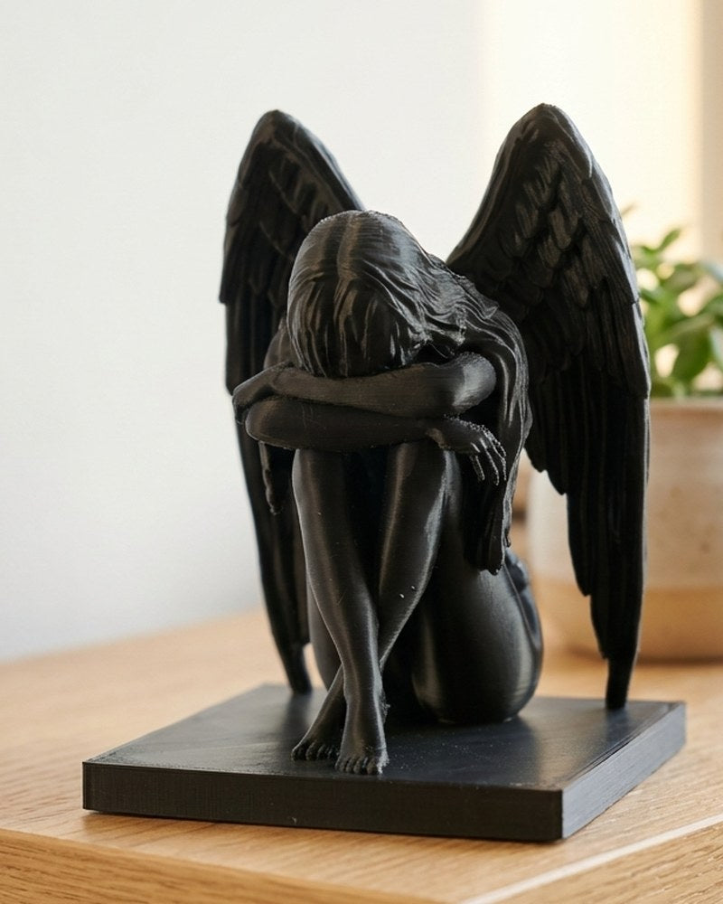Matte black crying angel sculpture seated with folded wings, front view on white background