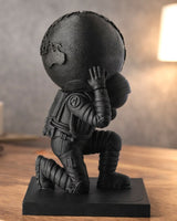 Matte black atlas sculpture of kneeling astronaut figure holding a sphere, against neutral background
