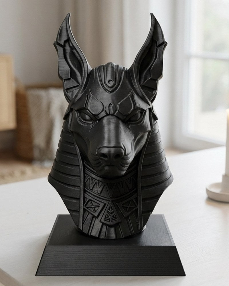 Anubis bust sculpture in matte black, front view against neutral background, sharp angular geometry