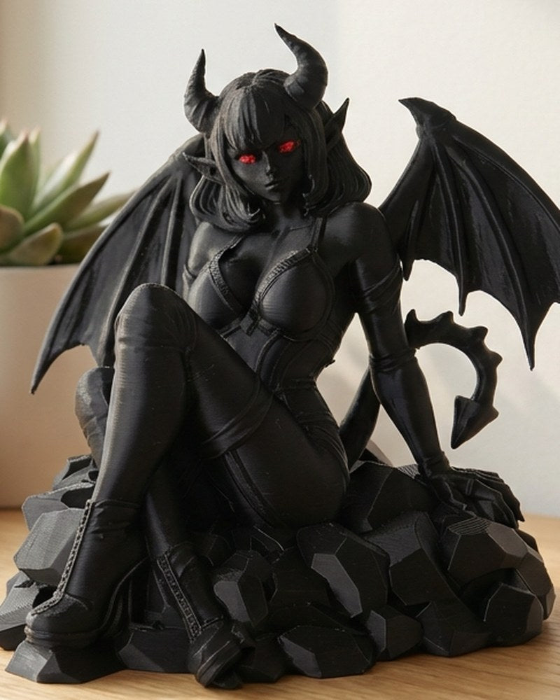 Demonic figure sculpture with outstretched wings and glowing red eyes on a rocky base, front view