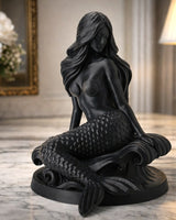 Black mermaid bust sculpture with flowing hair and scaled detail, front view on white background