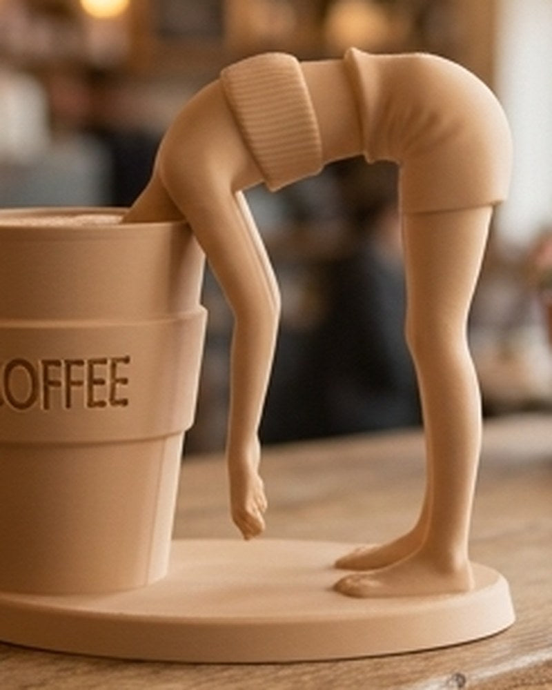 Caffeine Dive coffee lover sculpture — matte black figure diving into oversized coffee cup, white background