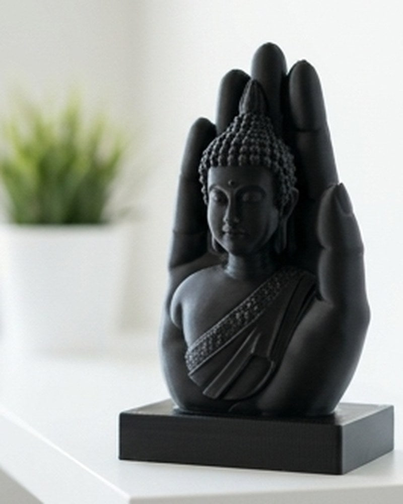 Matte black buddha hand sculpture on a white surface, close-up view showing serene figure resting in open palm