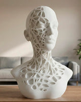 Close-up of abstract human sculpture with organic openwork lattice pattern on face and shoulders