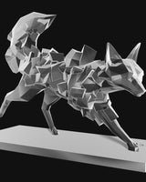 Close-up of a geometric fox sculpture in a stalking pose, angular facets catching natural light