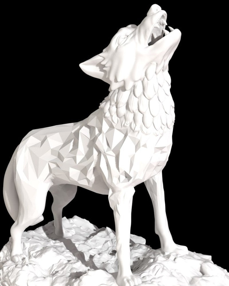 Close-up of a geometric howling wolf sculpture with angular faceted surface in neutral tone