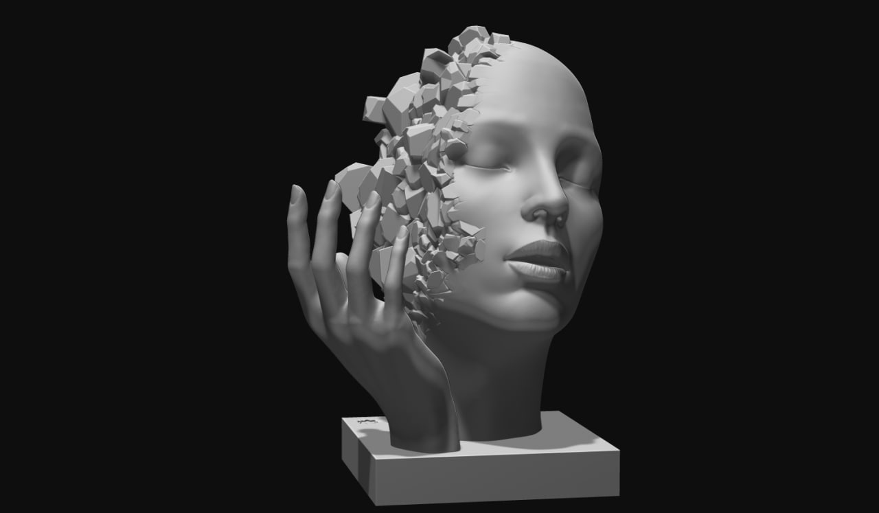 Shattered Serenity sculpture styled on a minimalist shelf with soft natural light