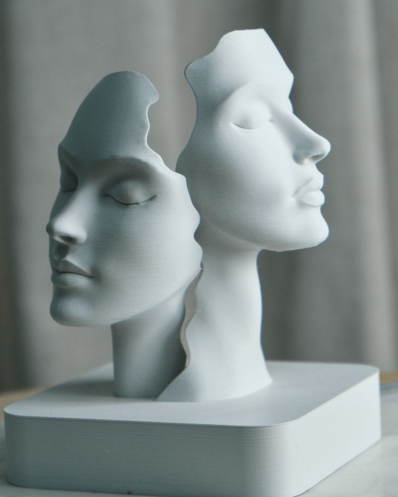 Close-up of duality faces sculpture showing two abstract faces in a single minimalist form
