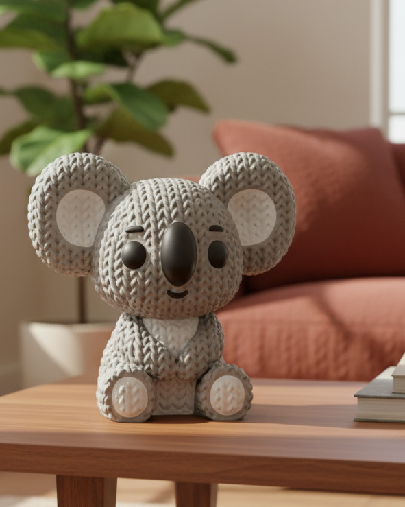 Close-up of a knitted koala figurine with a soft crochet-look texture, showing detailed looped surface on face and ears