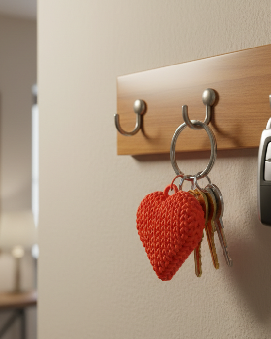 Close-up of a double-sided knitted heart keychain showing soft woven texture on both faces, in warm red