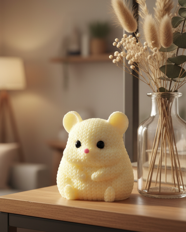 Close-up of a knitted hamster figure with a soft crochet-look texture, small round eyes and nose, 49 DKK