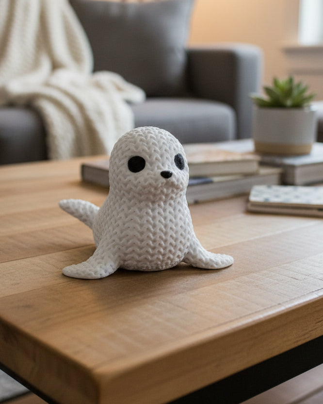 Close-up of a decorative knitted seal figurine with soft crochet-look texture and small dark eyes