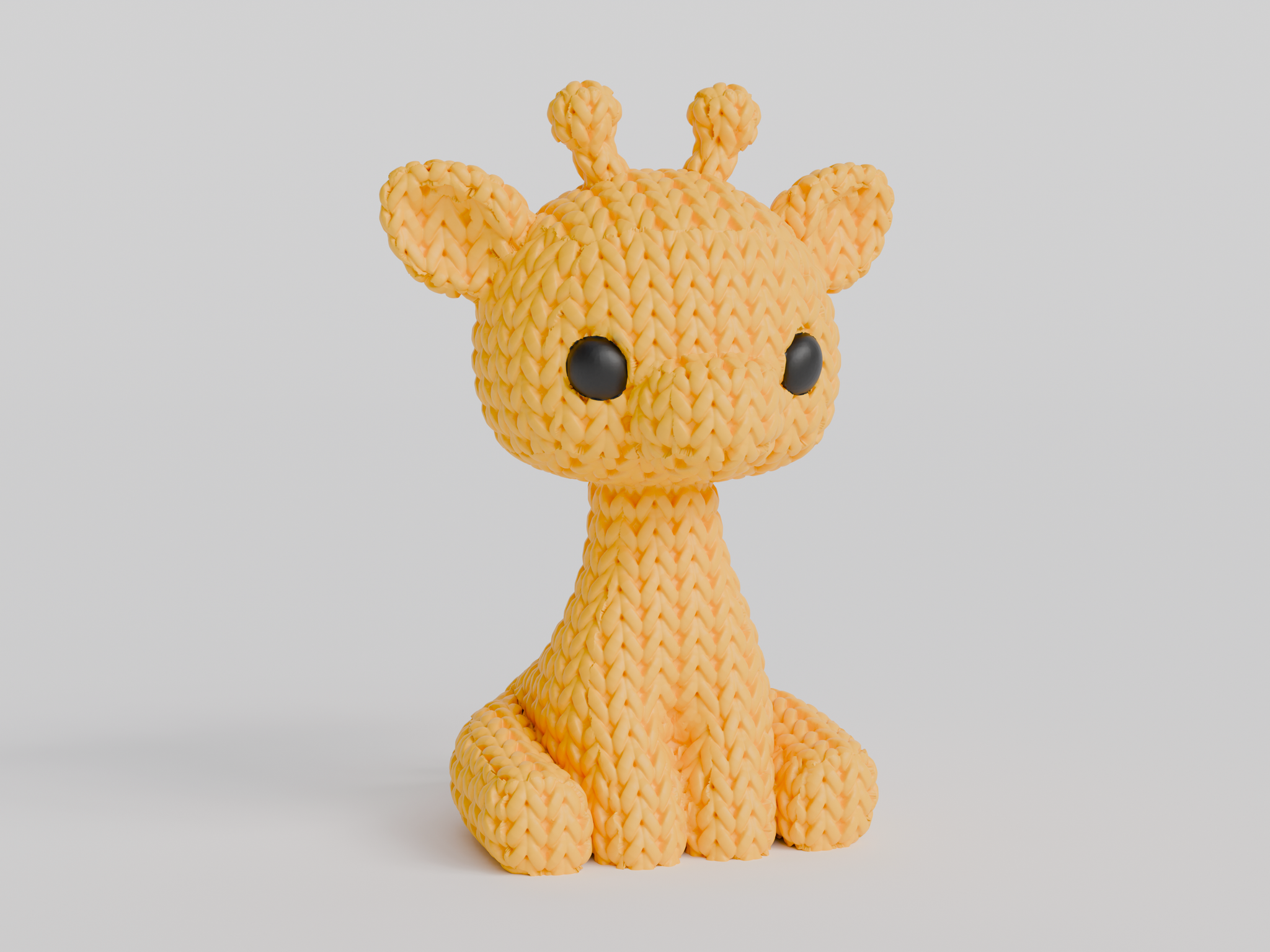 Close-up of a small knitted giraffe figurine with crochet-textured surface and expressive eyes, approx 8 cm tall