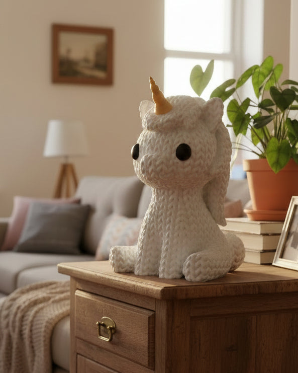 Close-up of a small knitted unicorn figurine with crochet-look texture, white with a gold horn, 65mm tall