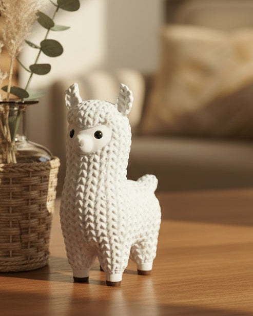 Close-up of a knitted llama figurine with soft crochet-look texture, shown in a neutral cream colour