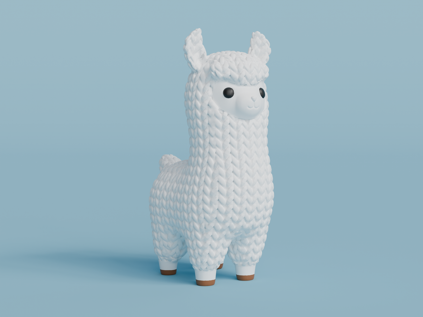 Close-up of a knitted llama figurine with soft crochet-look texture, shown in a neutral cream colour