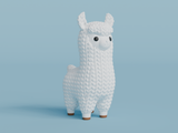 Close-up of a knitted llama figurine with soft crochet-look texture, shown in a neutral cream colour