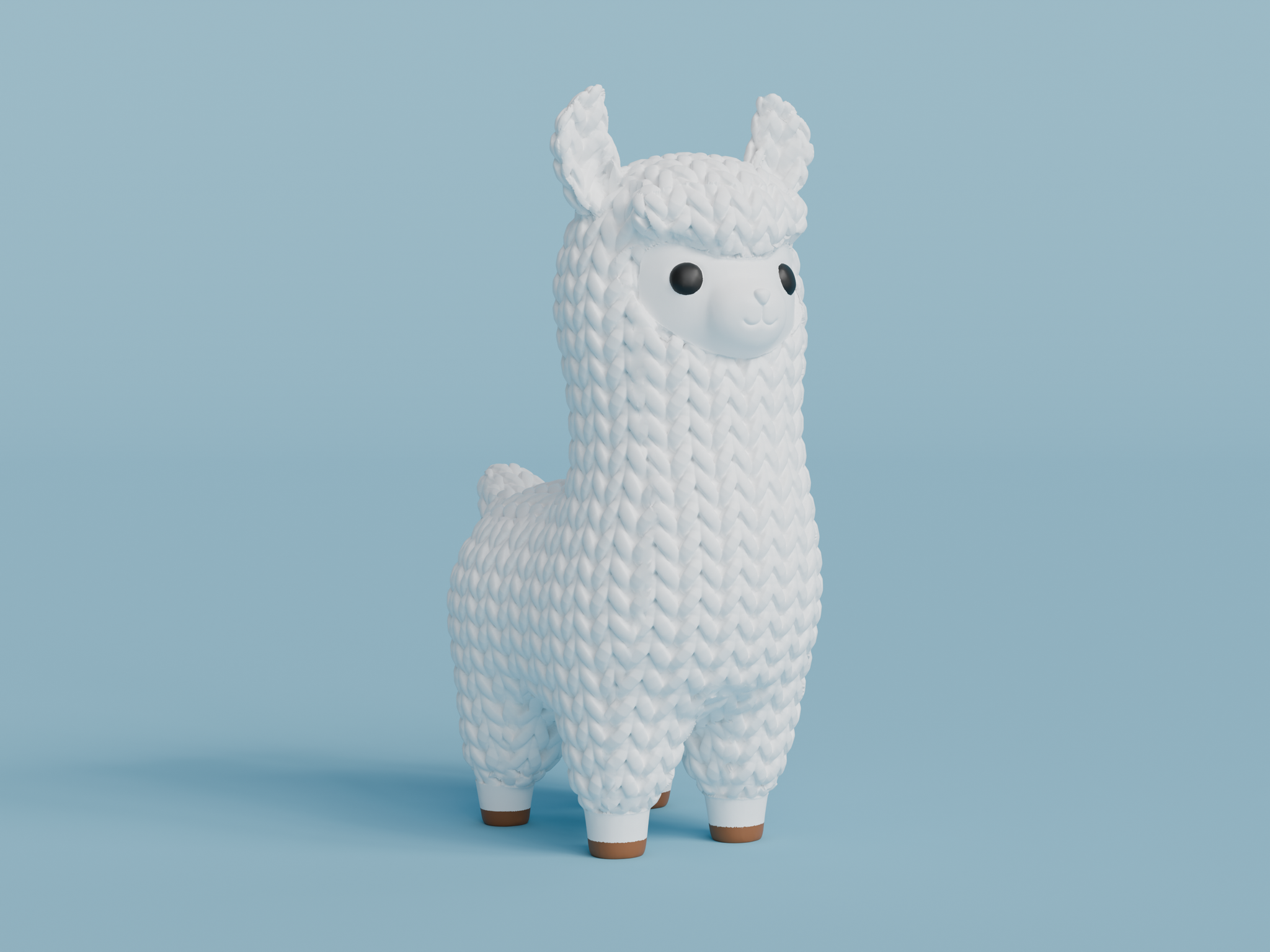 Close-up of a knitted llama figurine with soft crochet-look texture, shown in a neutral cream colour