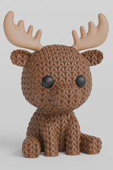 Close-up of a knitted moose decoration showing textured crochet-look surface and detailed antlers, 49 DKK