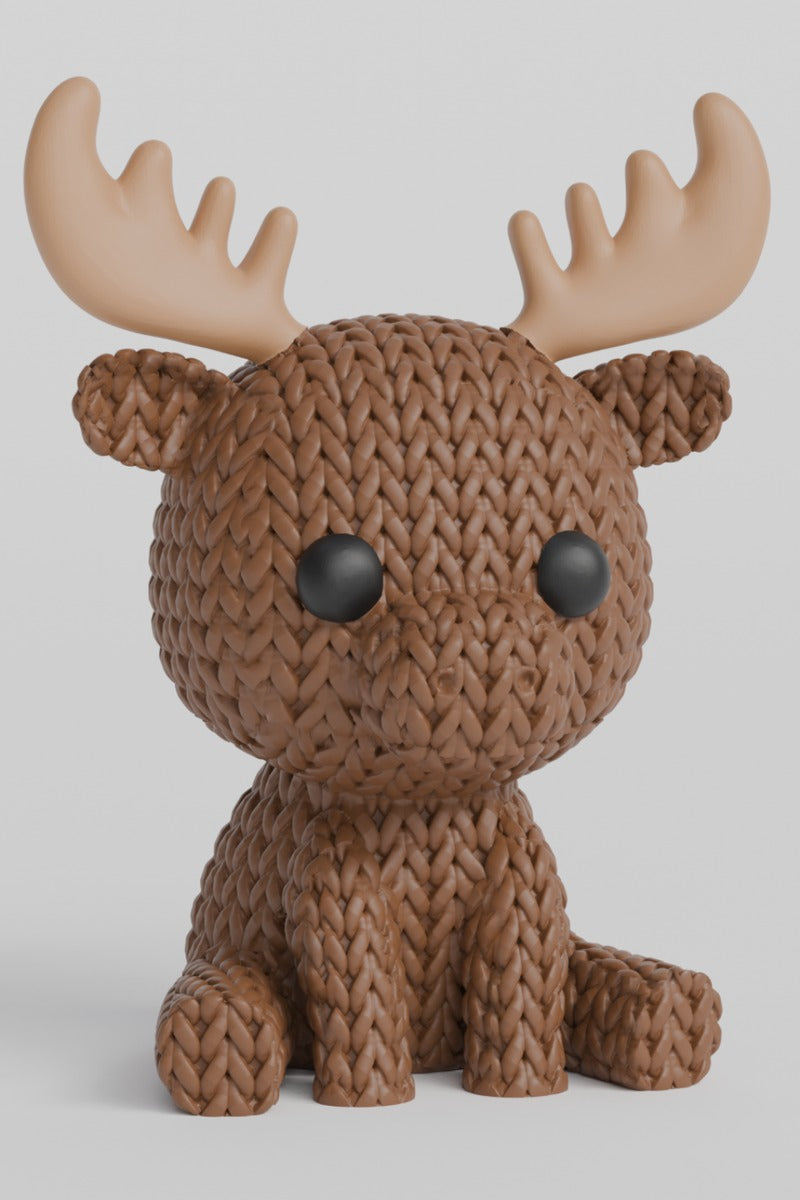 Close-up of a knitted moose decoration showing textured crochet-look surface and detailed antlers, 49 DKK