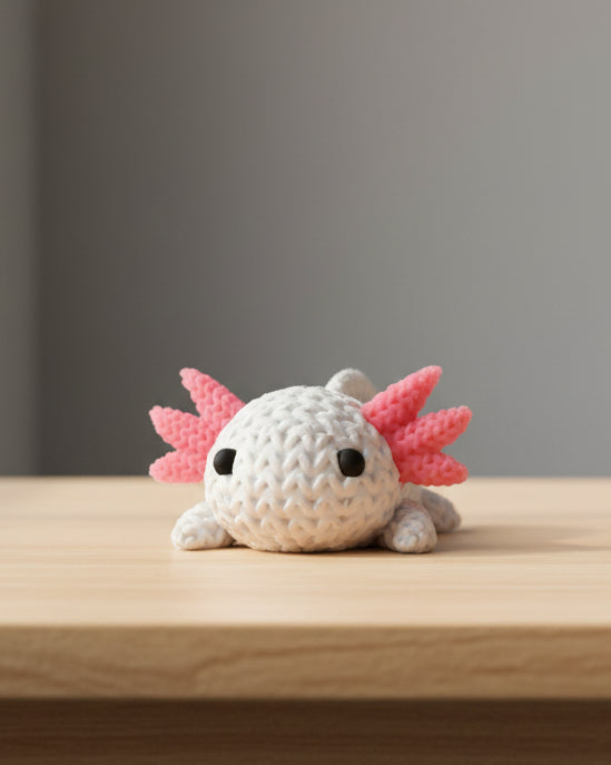 Texture detail of knitted axolotl showing the looping crochet-look surface pattern and sculpted gill detail