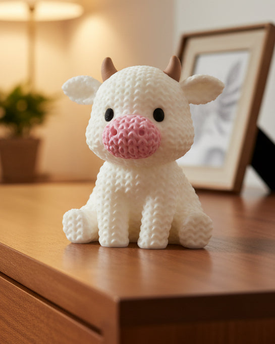 Small knitted cow decoration styled on a wooden shelf next to plants and neutral home objects
