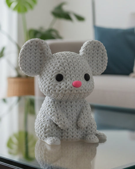 Close-up of a knitted mouse decoration with a soft crochet-look texture, small round ears and a curved tail